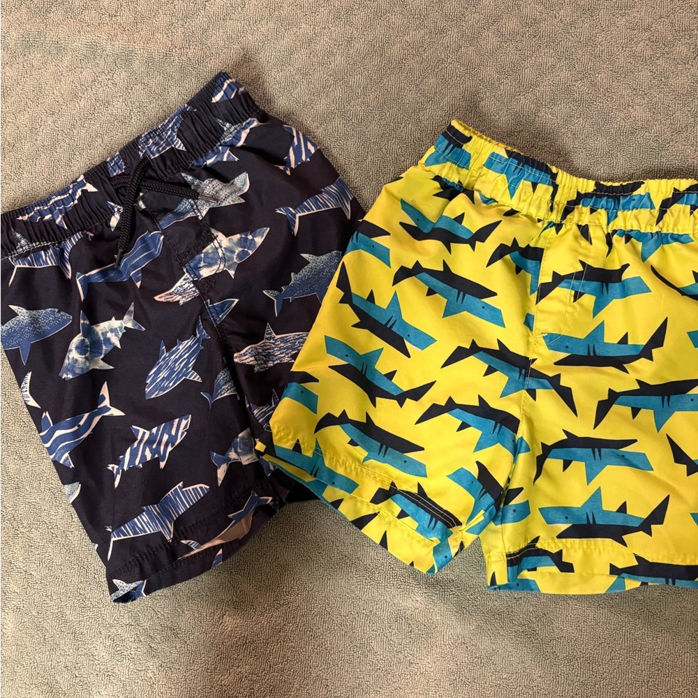 2 pair 2T Shark Print Swim‎ Shorts - Navy and Yellow